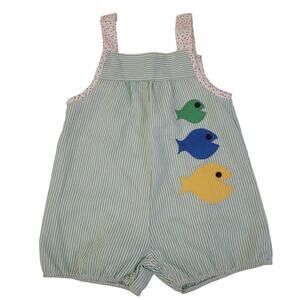 Vintage Green White Seersucker Fish Romper Toddler 1.5 USA Made Bubble Suit